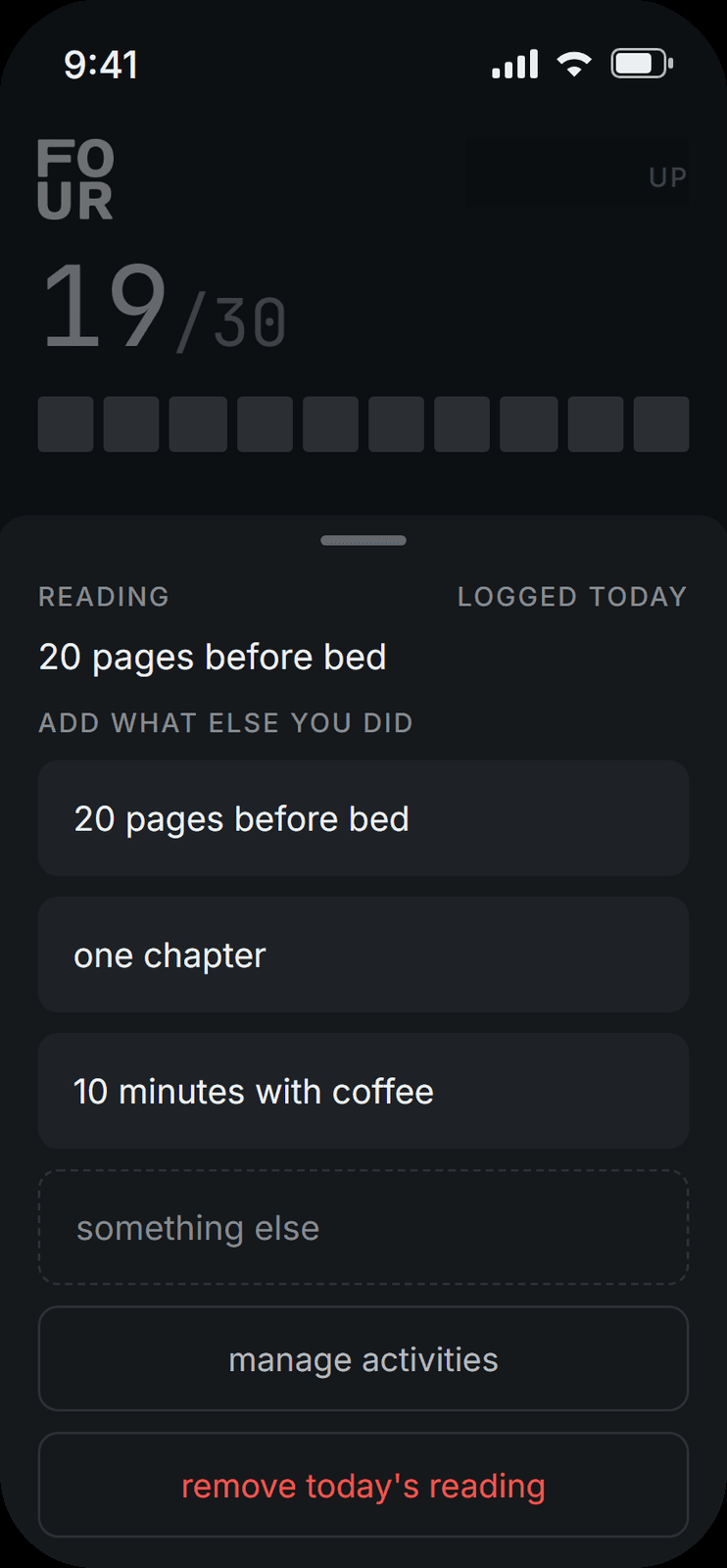 FOUR's logging sheet: the Reading lever marked LOGGED TODAY above tappable presets — "20 pages before bed", "one chapter", "10 minutes with coffee" — plus a "something else" field and "remove today's reading".