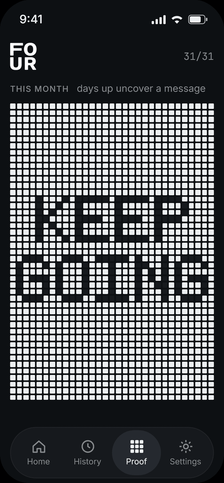 FOUR's Proof screen at 31/31 for the month: a dense grid of small squares in which the logged days have uncovered the words "KEEP GOING".